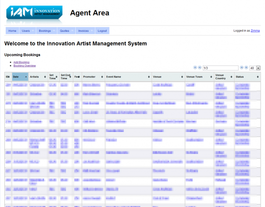 Innovation Artist Management System - Agent Area